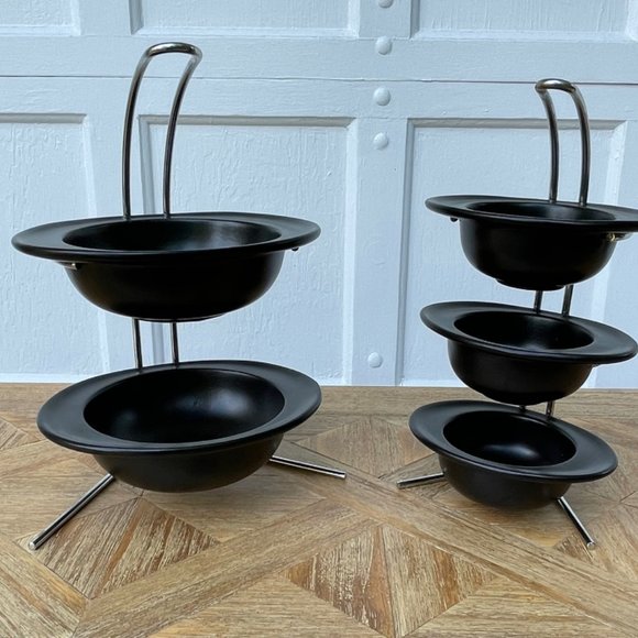 2pc Matching Vintage Black Ceramic Bowls with Stainless Stand Serving Set